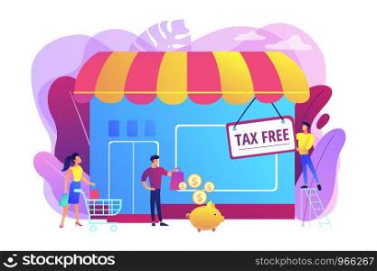 Opening new business, startup without taxation. Tax free service, VAT free trading, refounding VAT services, duty free zone concept. Bright vibrant violet vector isolated illustration. Tax free service concept vector illustration