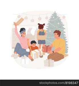 Opening presents isolated cartoon vector illustration. Excited family with kids opening xmas presents together, winter holiday spirit, Christmas time celebration, festive days vector cartoon.. Opening presents isolated cartoon vector illustration.