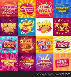 Opening soon cartoon banners, vector promotional tags for shop or store open event. Announcement signs for cafe or restaurant with abstract elements, boom bang explosion, stars and colorful stripes. Opening soon cartoon banners, vector promo tags