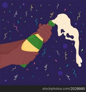 Opening sparkling wine bottle flat color vector illustration. Celebrating festive event. Holding glass with alcoholic fuzzy drink 2D cartoon first view hand with abstract background. Opening sparkling wine bottle flat color vector illustration