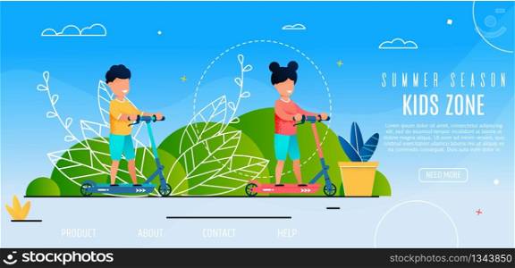 Opening Summer Sason Kids Zone Outdoor Activities. Little Boy and Girl Ride on Scooter in Park. Active School Summer Vacation Children. Banner Illustration Brother and Sister on Vacation