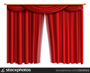 Opening theatre curtains. Red cinema stage drapes isolated on white background. Opening theatre curtains. Red cinema stage drapes