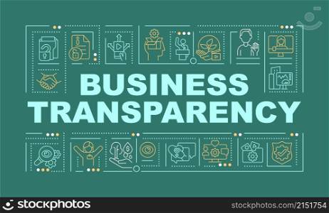 Openness of business word concepts green banner. Company ethics. Infographics with linear icons on background. Isolated typography. Vector color illustration with text. Arial-Black font used. Openness of business word concepts green banner