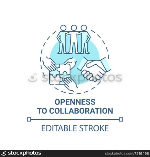 Openness to collaboration blue concept icon. Entrepreneur characteristic abstract idea thin line illustration. Partnership and cooperation. Vector isolated outline color drawing. Editable stroke. Openness to collaboration blue concept icon