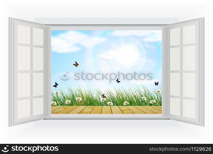 Opens window in room with view flowers, buuterfly, rainbow, and sunlight of fresh in the morning. vector