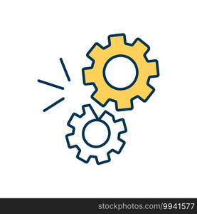 Operating cogwheels RGB color icon. Production development. Cog wheels in processing gear. Engineering and maintenance. Industrial progress. Working mechanism. Isolated vector illustration. Operating cogwheels RGB color icon