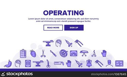 Operating Instruments Landing Web Page Header Banner Template Vector. Operating Tools, Surgery. Sterile Scalpel, Scissors, Grasping Forceps. Health Monitoring Equipment Illustration. Operating Instruments Landing Header Vector