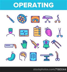 Operating Instruments Vector Thin Line Icons Set. Operating Tools, Surgery Equipment Linear Pictograms. Sterile Scalpel, Scissors, Grasping Forceps. Health Monitoring Equipment Contour Illustrations. Operating Instruments Vector Color Line Icons Set