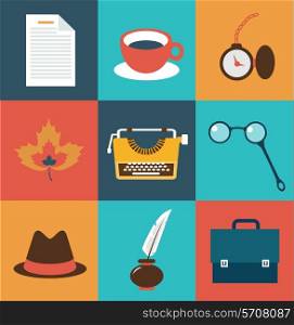 operating items typists, typewriter, glasses, cup of tea, a piece of paper, hat, inkwell, pen, lamps, clocks illustration