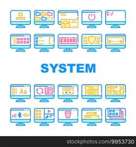 Operating System Pc Collection Icons Set Vector. Computer System Data Security And Error, Connection And Download, Media Files And Folders Concept Linear Pictograms. Contour Color Illustrations. Operating System Pc Collection Icons Set Vector