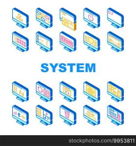 Operating System Pc Collection Icons Set Vector. Computer System Data Security And Error, Connection And Download, Media Files And Folders Isometric Sign Color Illustrations. Operating System Pc Collection Icons Set Vector