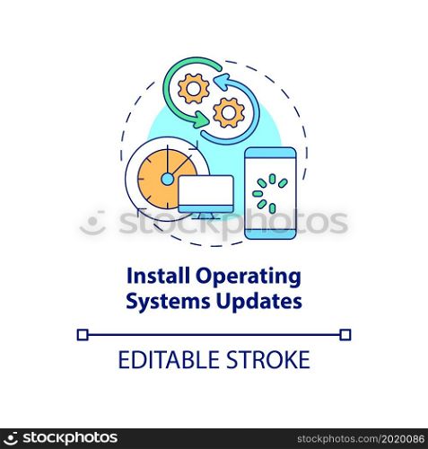 Operating system updates installation concept icon. Regular devices software updating abstract idea thin line illustration. Data safety. Vector isolated outline color drawing. Editable stroke. Operating system updates installation concept icon