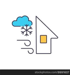 Operation of wind power in cold weather RGB color icon. Realizing capabilities of wind turbines in cold climates. Kinetic energy of air masses. Windmill. Isolated vector illustration. Operation of wind power in cold weather RGB color icon