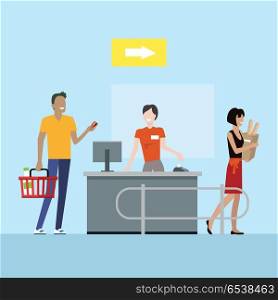 Operations in supermarket vector. Flat style. Buying products in grocery store. Cashier serves customers on counter desk equipment. Picture for retail companies, shopping and payment services ad.. Supermarket working process concept illustration.. Supermarket working process concept illustration.
