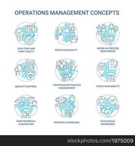 Operations management blue concept icons set. Lead time. Price and quality. Production efficiency control idea thin line color illustrations. Vector isolated outline drawings. Editable stroke. Operations management blue concept icons set