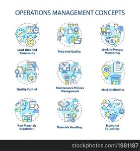 Operations management concept icons set. Lead time, punctuality. Price and quality. Production efficiency control idea thin line color illustrations. Vector isolated outline drawings. Editable stroke. Operations management concept icons set