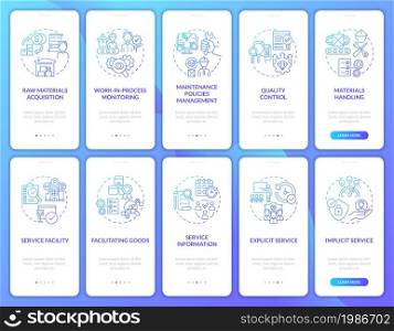 Operations management gradient onboarding mobile app page screen set. Production walkthrough 5 steps graphic instructions with concepts. UI, UX, GUI vector template with linear color illustrations. Operations management gradient onboarding mobile app page screen set