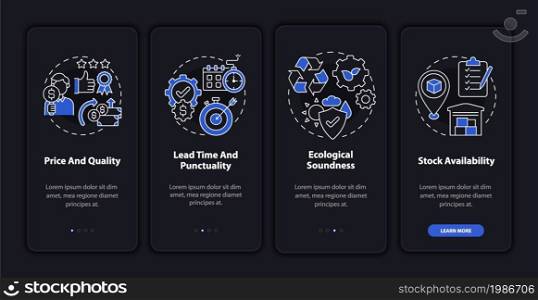 Operations management metrics dark onboarding mobile app page screen. Control walkthrough 4 steps graphic instruction with concept. UI, UX, GUI vector template with night mode illustrations. Operations management metrics dark onboarding mobile app page screen