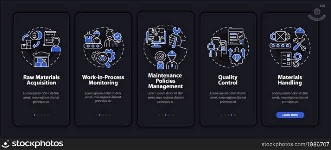Operations managers duties dark onboarding mobile app page screen. Business walkthrough 5 steps graphic instructions with concepts. UI, UX, GUI vector template with night mode illustrations. Operations managers duties dark onboarding mobile app page screen