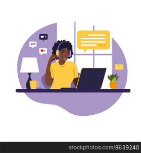 Operator african girl with computer, headphones and microphone. Outsource, consulting, job online, remove job. Call center. Flat vector illustration on white background.