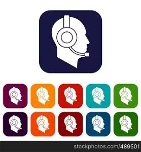 Operator in headset icons set vector illustration in flat style in colors red, blue, green, and other. Operator in headset icons set