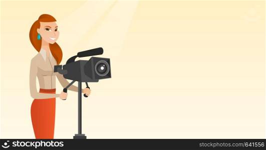 Operator looking through a movie camera on a tripod. Young caucasian operator with a professional video camera. Female operator taking a video. Vector flat design illustration. Horizontal layout.. Cameraman with movie camera on tripod.