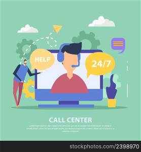 Operator of call center for client support in headset on computer screen green background flat vector illustration. Call Center Flat Background