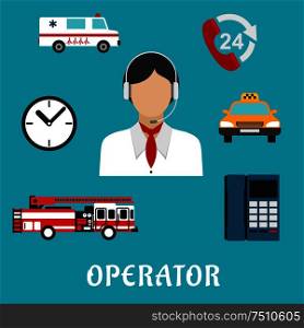 Operator of call center or dispatcher profession flat icons with woman, headset and neckerchief, surrounded by handset with 24 hour support sign, clock, telephone, fire truck, ambulance and taxi car. Dispatcher or operator profession icons