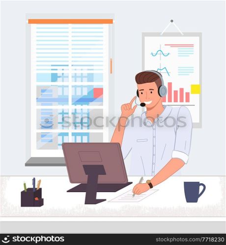 Operator of call center or hotline in office. Man with headset and computer talking. Smiling broker offers deal to partner. Assistant of tech support discussing problem. Board with analytics, window. Operator of call center or hotline in office, man with headset and computer talking, smiling broker