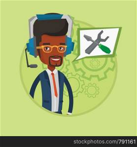 operator of technical support service. Operator of technical support wearing headphone set. Technical support operator. African Vector flat design illustration in the circle isolated on background.. Technical support operator vector illustration.