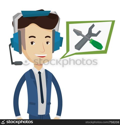Operator of technical support wearing headphone set. Friendly technical support operator. Caucasian operator of technical support service. Vector flat design illustration isolated on white background.. Technical support operator vector illustration.