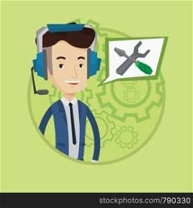 Operator of technical support wearing headphone set. Technical support operator. Caucasian operator of technical support service. Vector flat design illustration in the circle isolated on background.. Technical support operator vector illustration.