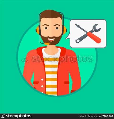 Operator of technical support wearing headphone set. Technical support operator and speech square with screwdriver and wrench. Vector flat design illustration in the circle isolated on background.. Technical support operator.