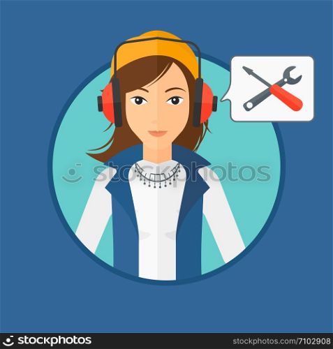 Operator of technical support wearing headphone set. Technical support operator and speech square with screwdriver and wrench. Vector flat design illustration in the circle isolated on background.. Technical support operator.