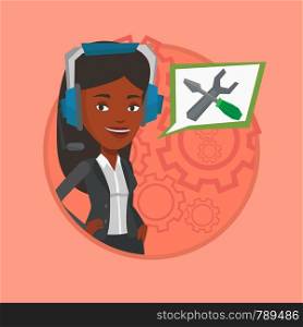 Operator of technical support wearing headphone set. Technical support operator and speech square with screwdriver and wrench. Vector flat design illustration in the circle isolated on background.. Technical support operator vector illustration.
