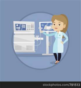 Operator of ultrasound scanning machine analyzing liver of a patient. Caucasian doctor working on modern ultrasound equipment. Vector flat design illustration in the circle isolated on background.. Female ultrasound doctor vector illustration.