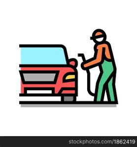 operator refuel car, gas station worker service color icon vector. operator refuel car, gas station worker service sign. isolated symbol illustration. operator refuel car, gas station worker service color icon vector illustration