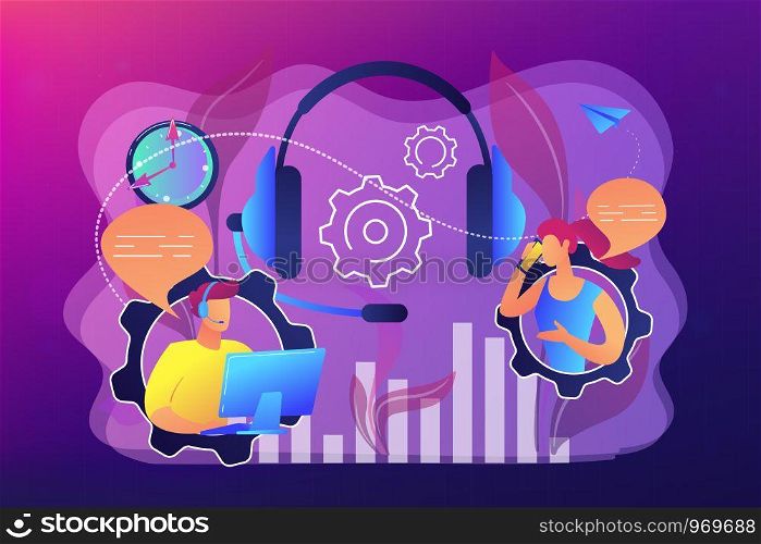 Operator wearing headset at computer cold calling to a potencial client. Cold calling, old school marketing, telemarketing sales concept. Bright vibrant violet vector isolated illustration. Cold calling concept vector illustration.