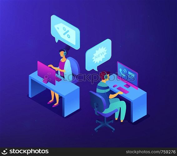 Operators with headsets calling potential customers to support or make a sale. Cold calling, old school marketing, telemarketing sales concept. Ultraviolet neon vector isometric 3D illustration.. Cold calling isometric 3D concept illustration.