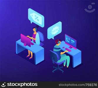 Operators with headsets calling potential customers to support or make a sale. Cold calling, old school marketing, telemarketing sales concept. Ultraviolet neon vector isometric 3D illustration.. Cold calling isometric 3D concept illustration.