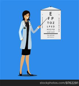 Ophthalmologist and stand with sight test,cartoon vector illustration. Ophthalmologist and stand with sight test