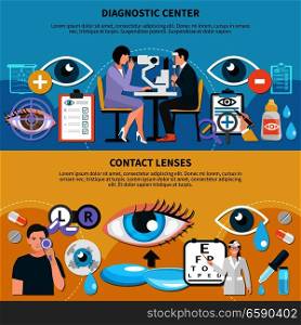 Ophthalmologist diagnostic center with optometrist examining patient eyes and contact lenses use care horizontal banners vector illustration . Oculist Eye Care Banners 