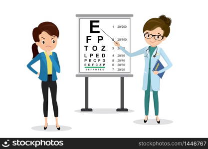 Ophthalmologist doctor examines a female vision,Snellen Eye Chart,health care vector illustration,flat design isolated on white background