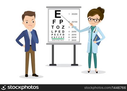 Ophthalmologist doctor examines a man&rsquo;s vision,Snellen Eye Chart,health care vector illustration,flat design isolated on white background