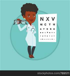 Ophthalmologist giving glasses. Ophthalmologist holding eyeglasses on the background of eye chart. Ophthalmologist offering glasses. Vector flat design illustration in circle isolated on background.. Professional ophthalmologist holding eyeglasses.