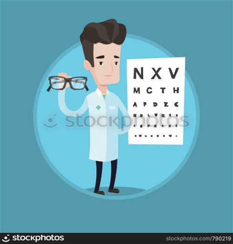 Ophthalmologist giving glasses. Ophthalmologist holding eyeglasses on the background of eye chart. Ophthalmologist offering glasses. Vector flat design illustration in circle isolated on background.. essional ophthalmologist holding eyeglasses.
