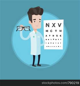 Ophthalmologist giving glasses. Ophthalmologist holding eyeglasses on the background of eye chart. Ophthalmologist offering glasses. Vector flat design illustration in circle isolated on background.. essional ophthalmologist holding eyeglasses.