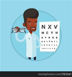 Ophthalmologist giving glasses. Ophthalmologist holding eyeglasses on the background of eye chart. Ophthalmologist offering glasses. Vector flat design illustration in circle isolated on background.. Professional ophthalmologist holding eyeglasses.
