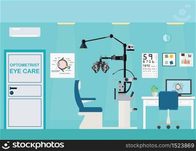 Ophthalmologist interior office with Phoropter, ophthalmic testing device machine, medical care flat design, Vector illustration.