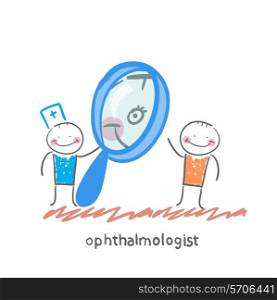 ophthalmologist looking through a magnifying glass on a patient